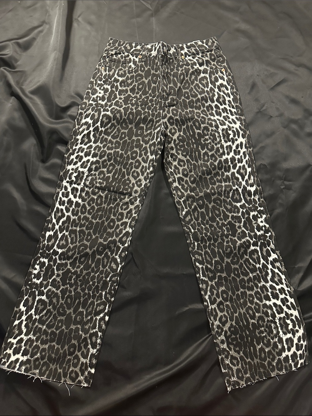 Zara Black & White Leopard Print Wide-Leg Jeans